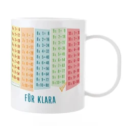 Bruchfeste Tasse zum Schulanfang mit Einmaleins und Wunschtext als Geschenk für Kinder