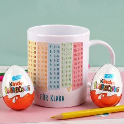 Bruchfeste Tasse zum Schulanfang mit Einmaleins und Wunschtext als Geschenk für Kinder
