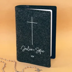 Buchhülle für Gotteslob mit Kreuz & Ichthys Fisch | Personalisierte Schutzhülle für Gesangbuch mit Name