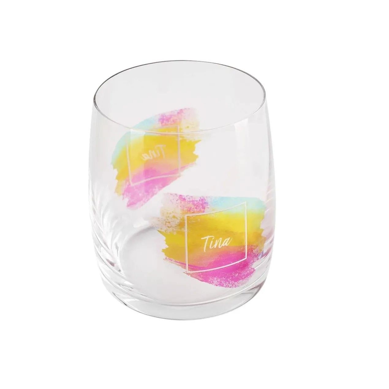 Bunt bedrucktes Wasserglas mit Namensaufdruck