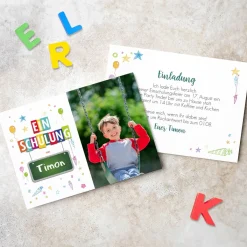 Bunte Einladungskarte zur Einschulung
