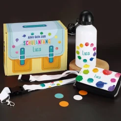 Buntes Geschenkset zur Einschulung mit Trinkflasche, Geldbörse & Schlüsselband