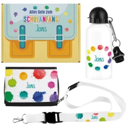 Buntes Geschenkset zur Einschulung mit Trinkflasche, Geldbörse & Schlüsselband