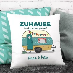 Camping-Kissen mit Wohnwagen oder Wohnmobil und Wunschtext