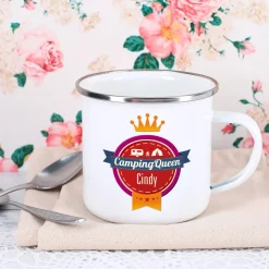 Campingqueen - emaillierte Metalltasse mit Namen bedruckt