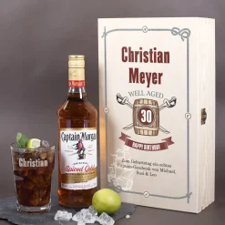 Captain Morgan - Set zum Geburtstag in edler Holzbox mit graviertem Longdrinkglas