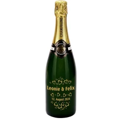 Champagner zur Hochzeit graviert mit Herzen, Namen & Datum