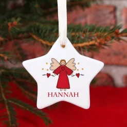 Christbaumanhänger aus Keramik mit Engel, Herzen und Name