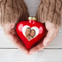 Christbaumkugel als Herz personalisiert mit Foto für Paare und Familie | Matt oder glänzend Rot