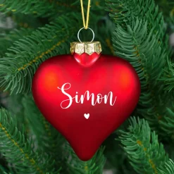 Christbaumkugel in Herzform personalisiert mit Name und Herz Motiv | Matt oder glänzend Rot