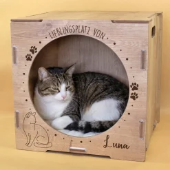 clipfritz Katzenhaus aus Holz personalisiert mit Name | Lieblingsplatz Geschenk für Katzen