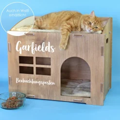 clipfritz Katzenhaus aus Holz personalisiert mit Name & Wunschtext | Geschenk für Katzen
