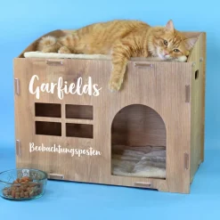 clipfritz Katzenhaus aus Holz personalisiert mit Name & Wunschtext | Geschenk für Katzen