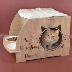 clipfritz Katzenhaus aus Holz personalisiert mit Name | Haus mit Futterstation für Katzen