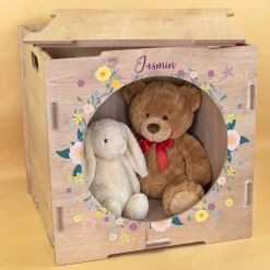 clipfritz Regaleinsatz aus Holz personalisiert mit Name | Aufbewahrung mit Blumen Motiv