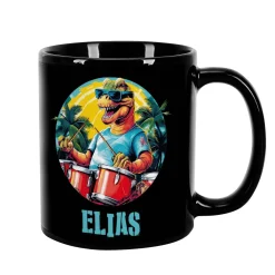 Coole Tasse in schwarz mit Crazy-Dinos und Ihrem Wunschnamen bedruckt
