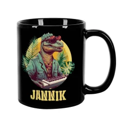Coole Tasse in schwarz mit Crazy-Dinos und Ihrem Wunschnamen bedruckt