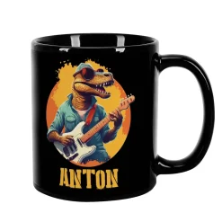 Coole Tasse in schwarz mit Crazy-Dinos und Ihrem Wunschnamen bedruckt