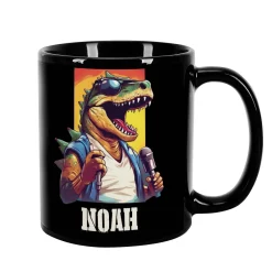 Coole Tasse in schwarz mit Crazy-Dinos und Ihrem Wunschnamen bedruckt