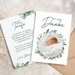 Dankeskarte Eukalyptus mit Foto - zur Taufe, Kommunion oder Konfirmation