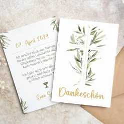 Dankeskarte für Kommunion und Konfirmation - Kreuz auf Ölzweig