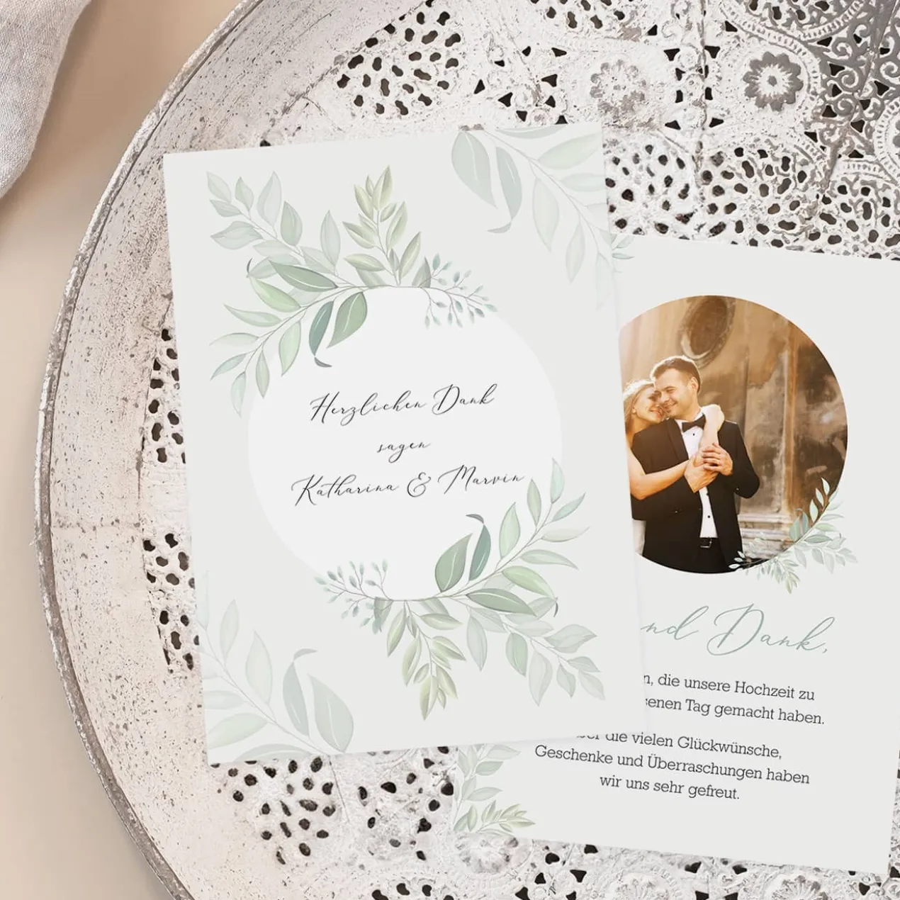Dankeskarte zur Hochzeit mit persönlichem Wunschtext und Foto