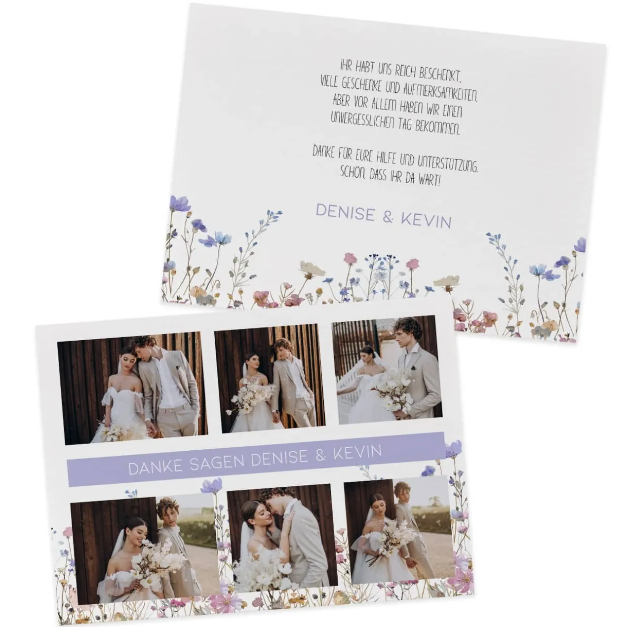 Dankeskarte zur Hochzeit mit vielen Fotos und Wildblumen