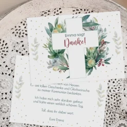Dankeskarte zur Kommunion oder Konfirmation mit Blätterkreuz-Motiv