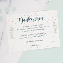 Dankeskarte zur Kommunion oder Konfirmation mit Blätterkreuz-Motiv