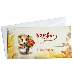 Danke-Ziehkarte mit kleinem Hamster & Blumen für Geldgeschenke
