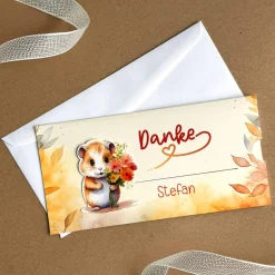 Danke-Ziehkarte mit kleinem Hamster & Blumen für Geldgeschenke