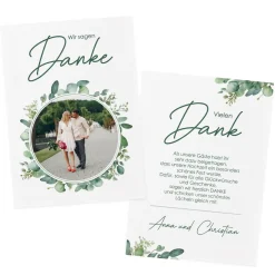 Danksagungskarte mit Foto und Eukalyptusblättern zur Hochzeit