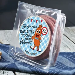 Das Alter ist Wurst! - Salami Kabeltrommel mit personalisiertem Etikett