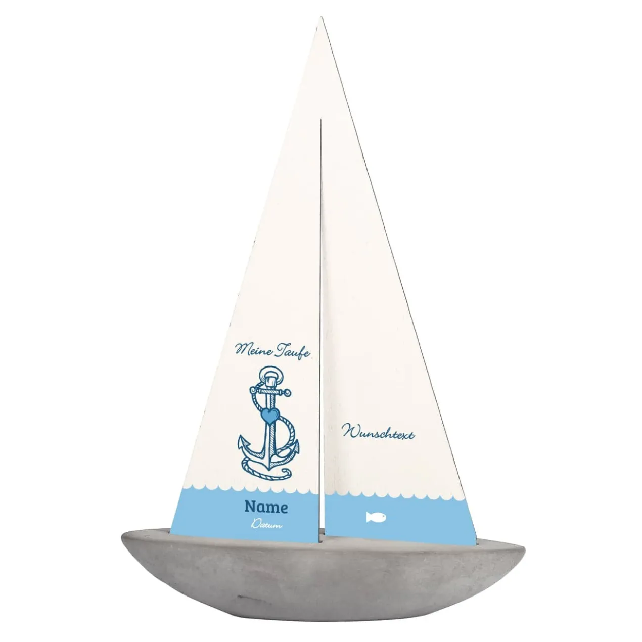 Deko Schiff mit bedrucktem Segel zur Taufe mit maritimen Motiv aus Anker und Herz