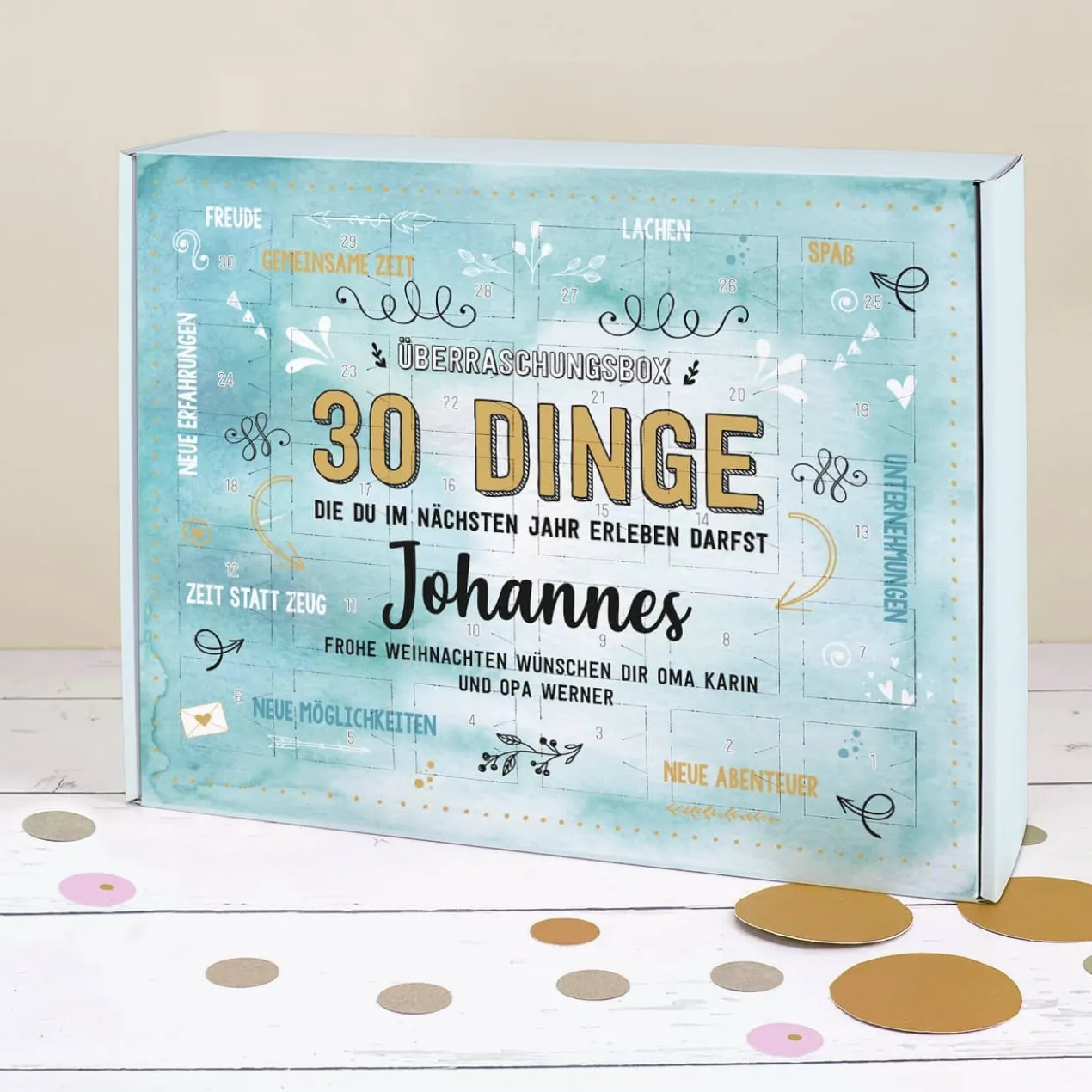 30 Dinge - Überraschungsbox zum selbst befüllen mit Name und Wunschtext bedruckt