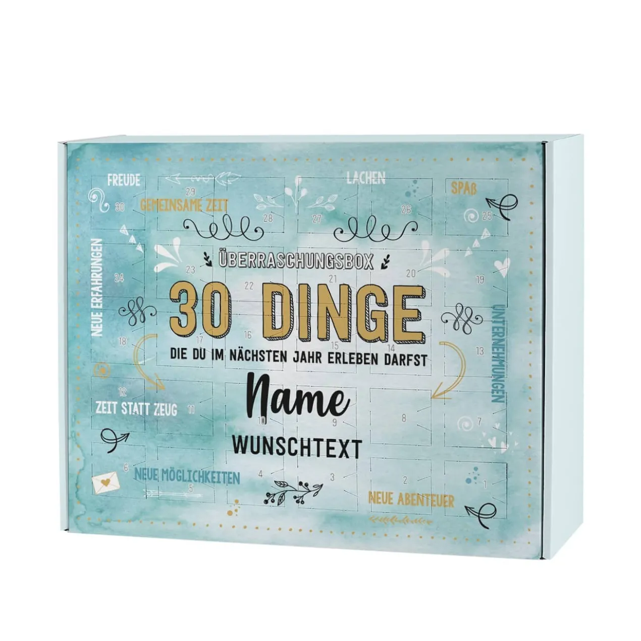 30 Dinge - Überraschungsbox zum selbst befüllen mit Name und Wunschtext bedruckt