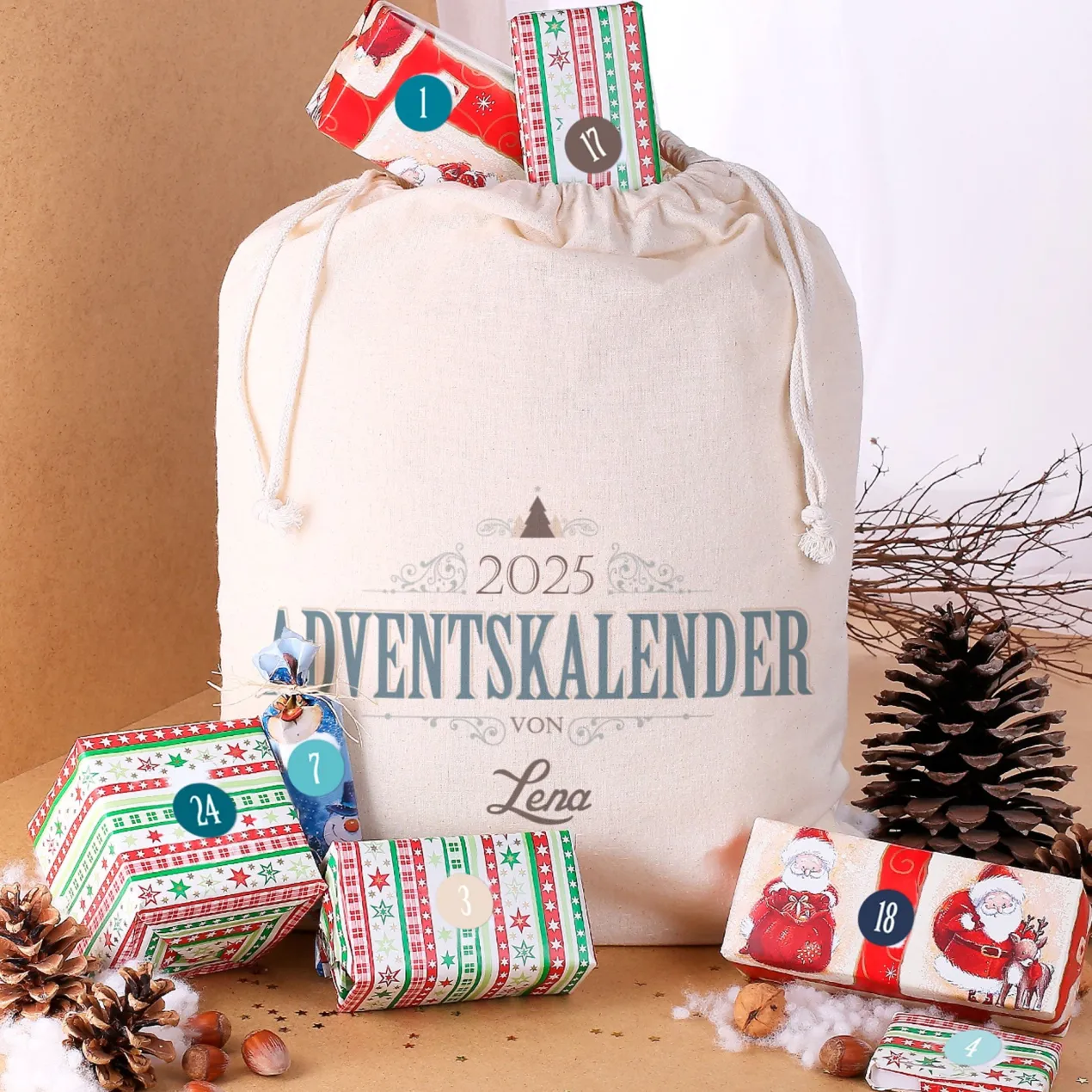 DIY Adventskalender - personalisierter Baumwollsack mit Aufklebern