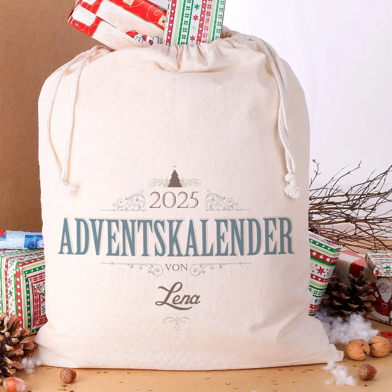 DIY Adventskalender - personalisierter Baumwollsack mit Aufklebern