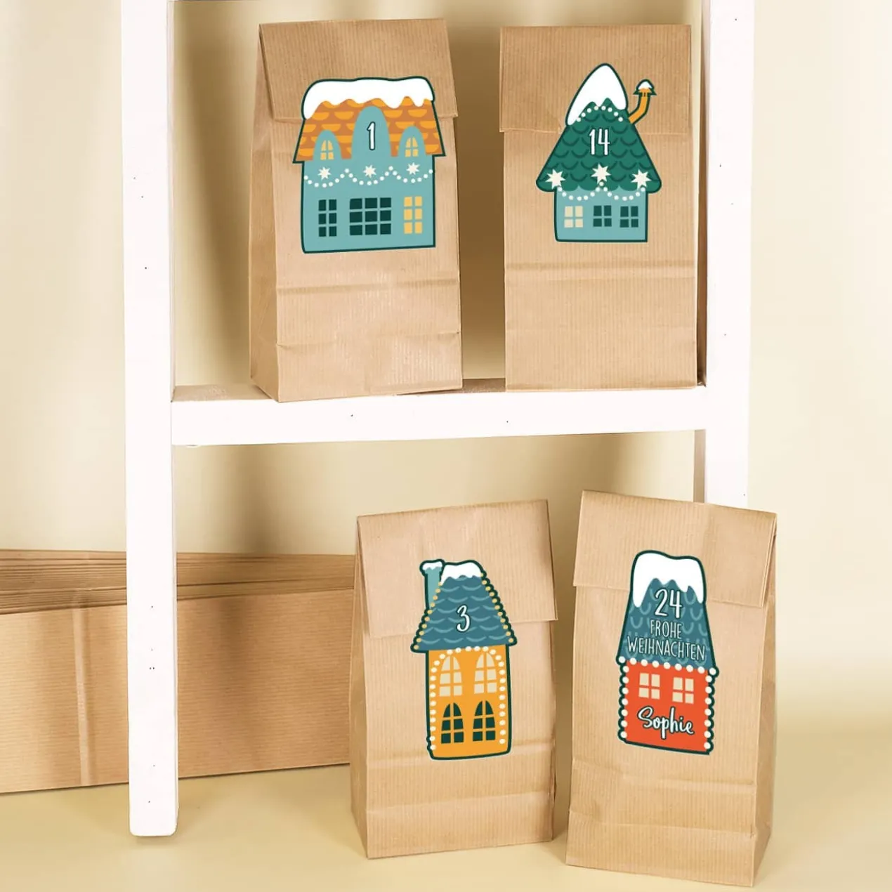 DIY Adventskalender Weihnachtsstadt - 24 Papiertüten und Aufkleber