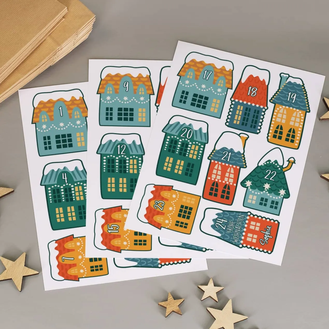 DIY Adventskalender Weihnachtsstadt - 24 Papiertüten und Aufkleber