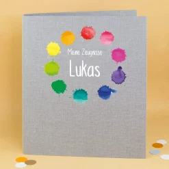 Dokumentenmappe aus Leinen personalisiert mit Name und Wunschtext | Farbkleckse-Motiv und Farbauswahl
