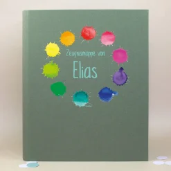 Dokumentenmappe aus Leinen personalisiert mit Name und Wunschtext | Farbkleckse-Motiv und Farbauswahl