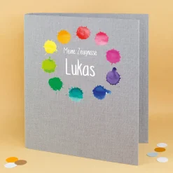Dokumentenmappe aus Leinen personalisiert mit Name und Wunschtext | Farbkleckse-Motiv und Farbauswahl