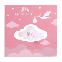 Drehkarte zur Geburt mit drehbarer Wolke und dem Namen des Babys in rosa