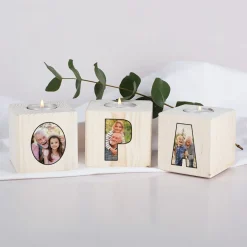 Drei Holzteelichter mit Fotoaufdruck für den besten Opa