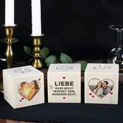 Drei Holzteelichter mit Fotoaufdruck - Liebe muss echt sein