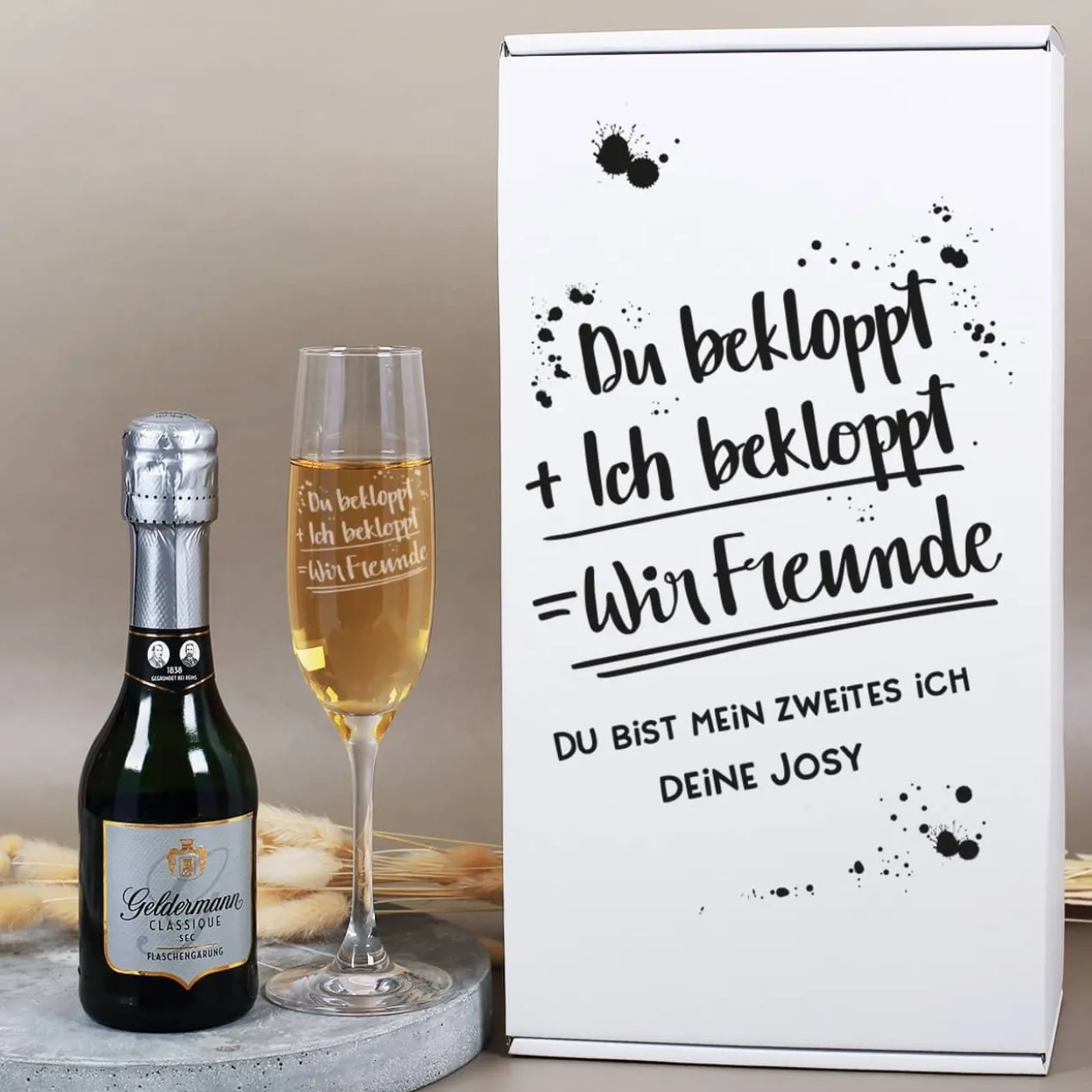 Du bekloppt, Ich bekloppt, Wir Freunde - Geschenkset mit Sekt und Sektglas | Geldermann