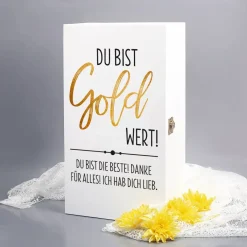 Du bist Gold wert! - Geschenkset mit Sekt, Geschenkkiste aus Holz und Sektglas