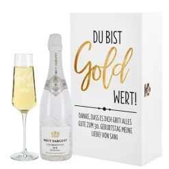 Du bist Gold wert! - Geschenkset mit Sekt, Geschenkkiste aus Holz und Sektglas