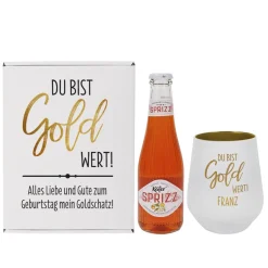 Du bist Gold wert! - Geschenkset mit graviertem Trinkglas und Käfer Sprizz